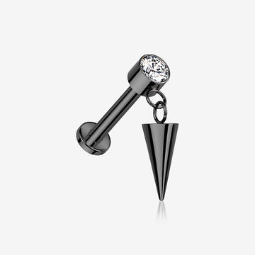 Implant Grade Titanium Blackline Bezel Gem Spike Cone Dangle Internally Threaded Flat Back Labret-Clear Gem